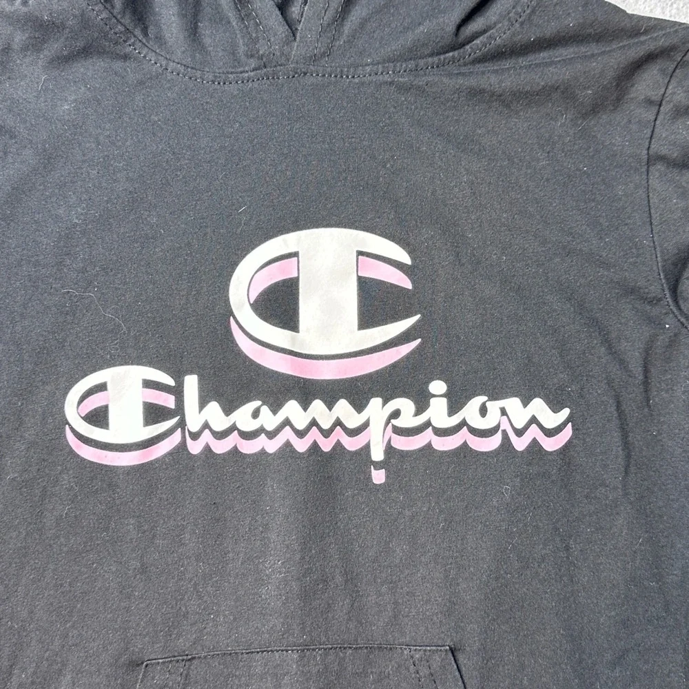 Champion Hooded T-Shirt Kids L Black Pink Shadow Logo Long Sleeve Graphic Pocket